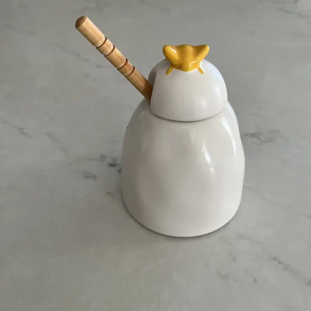 Rae Dunn Ceramic HONEY Pot/ Jar With Wooden Honey Dipper & Yellow Bee Lid